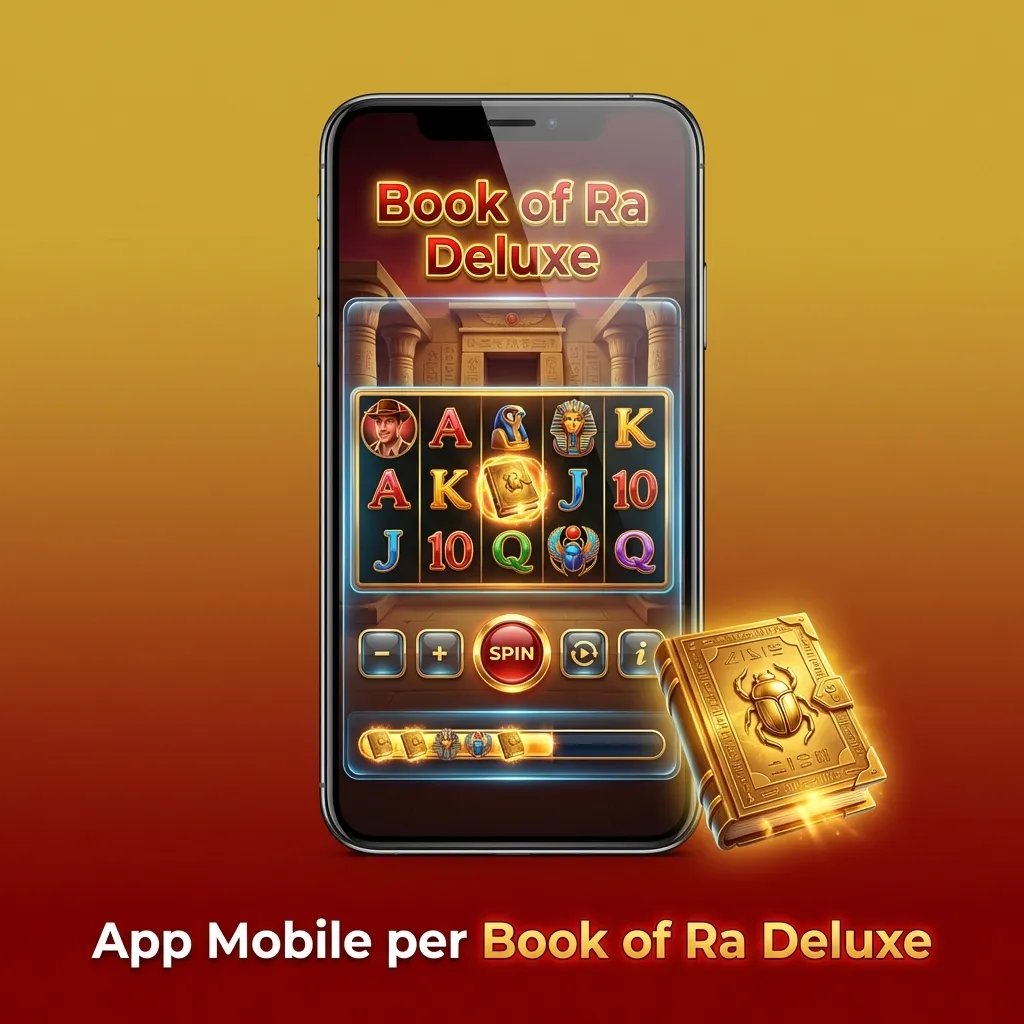 Mobile app interface showing Book of Ra Deluxe slot game on smartphone with touch-optimized controls and HD graphics